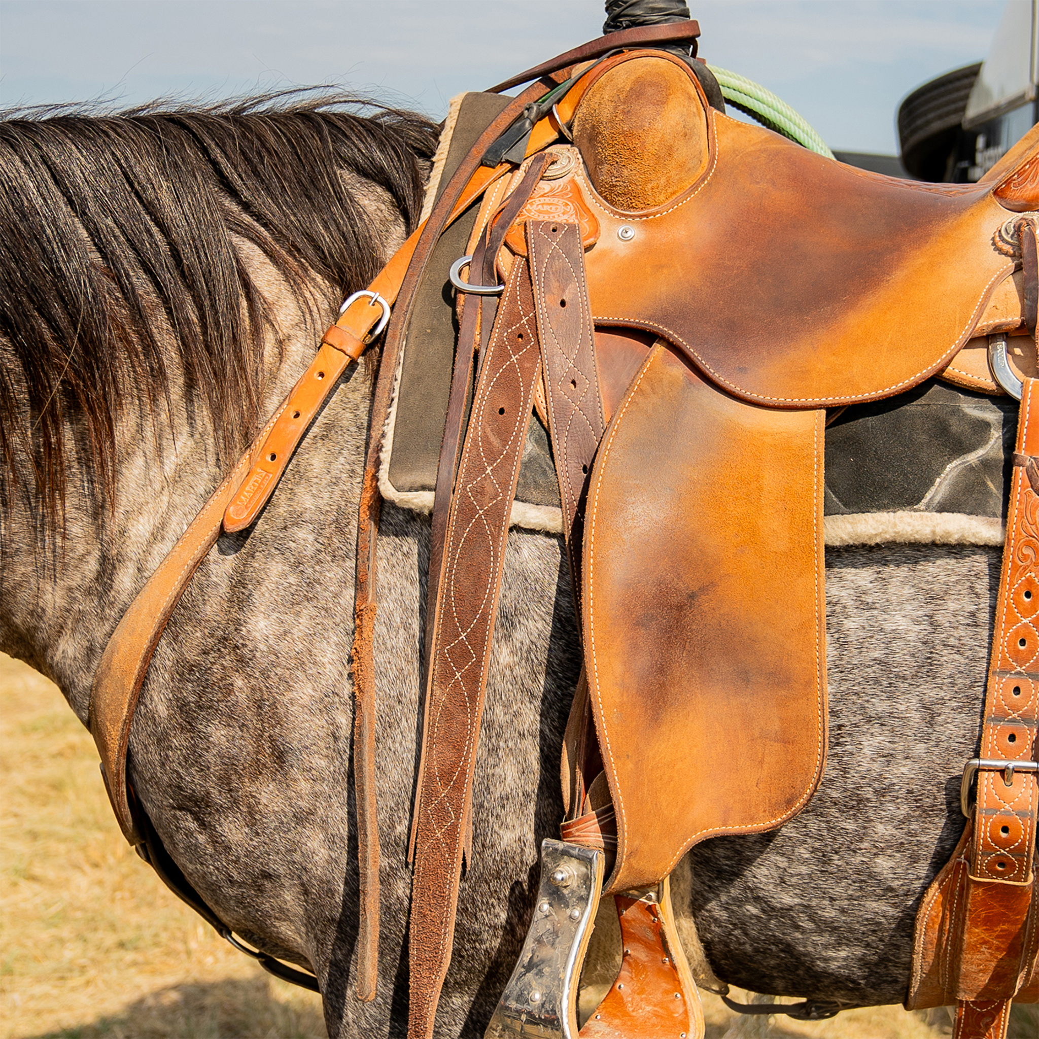 Stitched leather latigo hanging from the rigging of a tan saddle on a dapple gray horse. Decorative stitching runs down the dark strap beside the saddle fender.