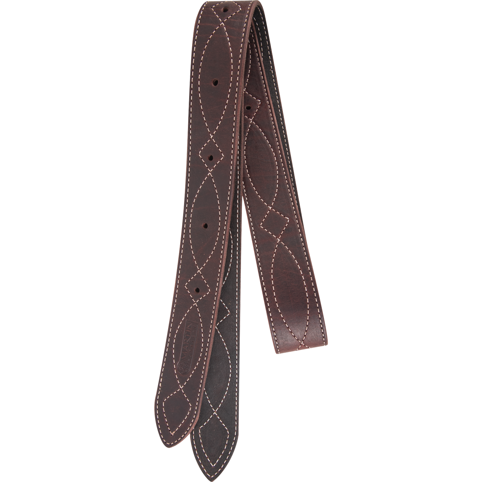 Stitched offside latigo from Martin Saddlery, folded and seen from the front. Decorative stitching runs the length of the dark latigo leather, which has punched holes and pointed ends.