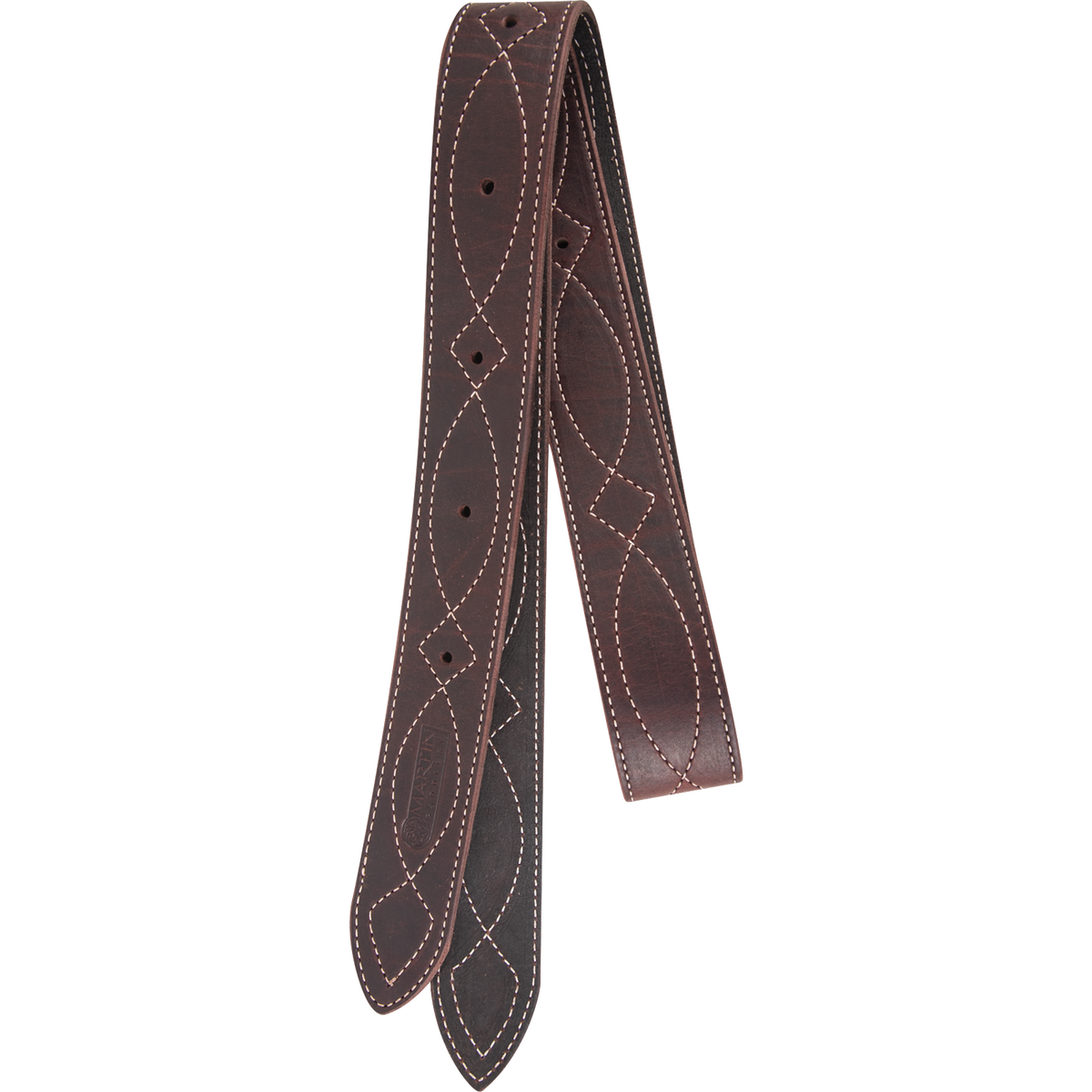 Stitched offside latigo from Martin Saddlery, folded and seen from the front. Decorative stitching runs the length of the dark latigo leather, which has punched holes and pointed ends.