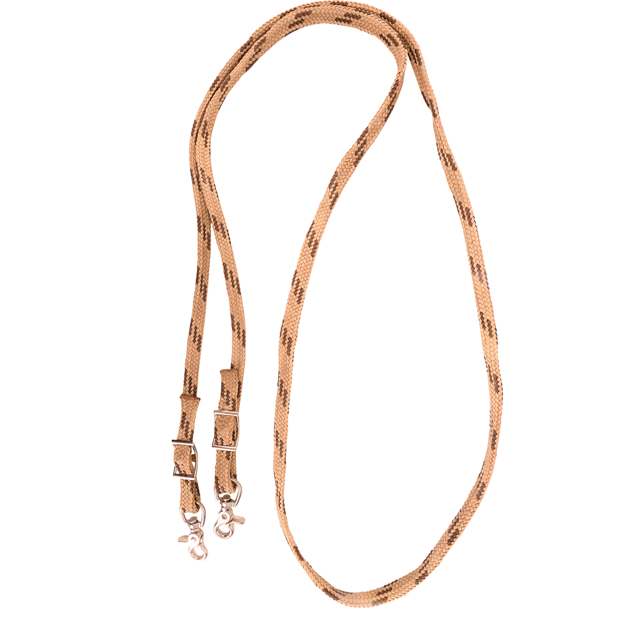 Tan-brown braided nylon roping rein, looped and seen from above. Brown flecks mark the tan waxed nylon braid, which adjusts with buckles and ends in snaps.