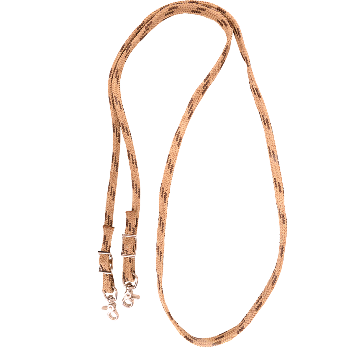 Tan-brown braided nylon roping rein, looped and seen from above. Brown flecks mark the tan waxed nylon braid, which adjusts with buckles and ends in snaps.