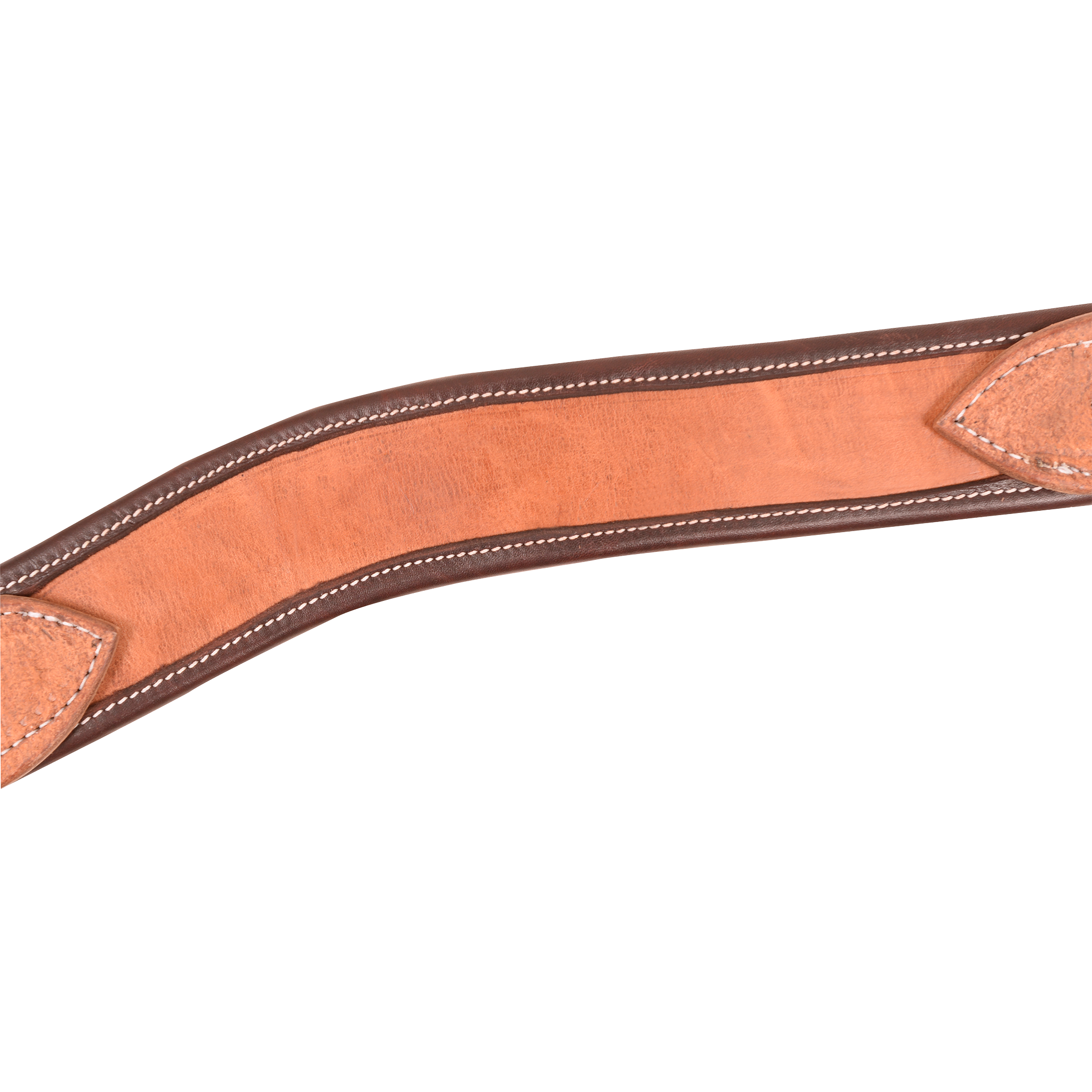 Harness leather breast collar strap with a dark latigo wrap along both edges and white stitching. Stitched leather tabs sit at each end of this Martin Saddlery breast collar, a tie-down roper's favorite.