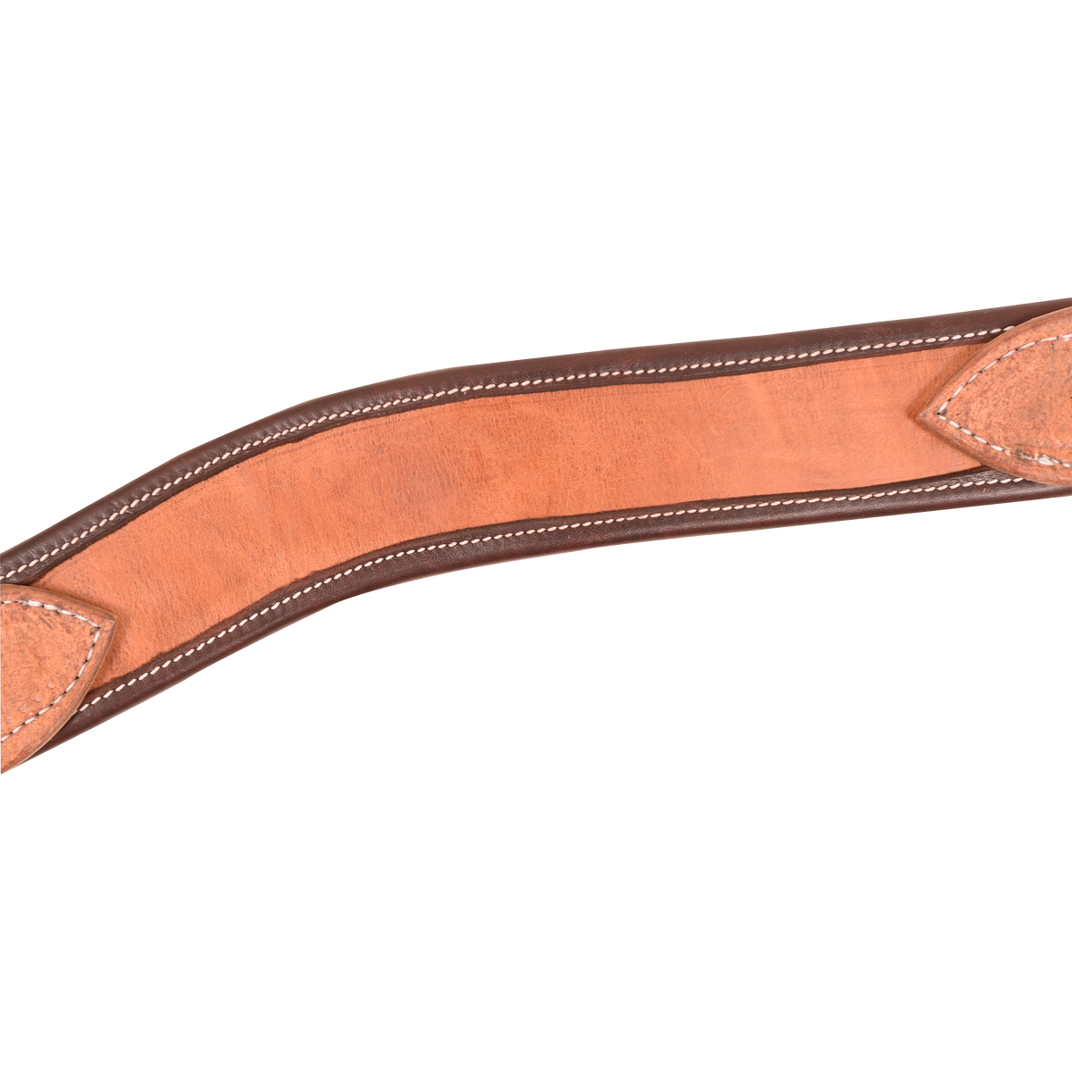 Harness leather breast collar strap with a dark latigo wrap along both edges and white stitching. Stitched leather tabs sit at each end of this Martin Saddlery breast collar, a tie-down roper's favorite.
