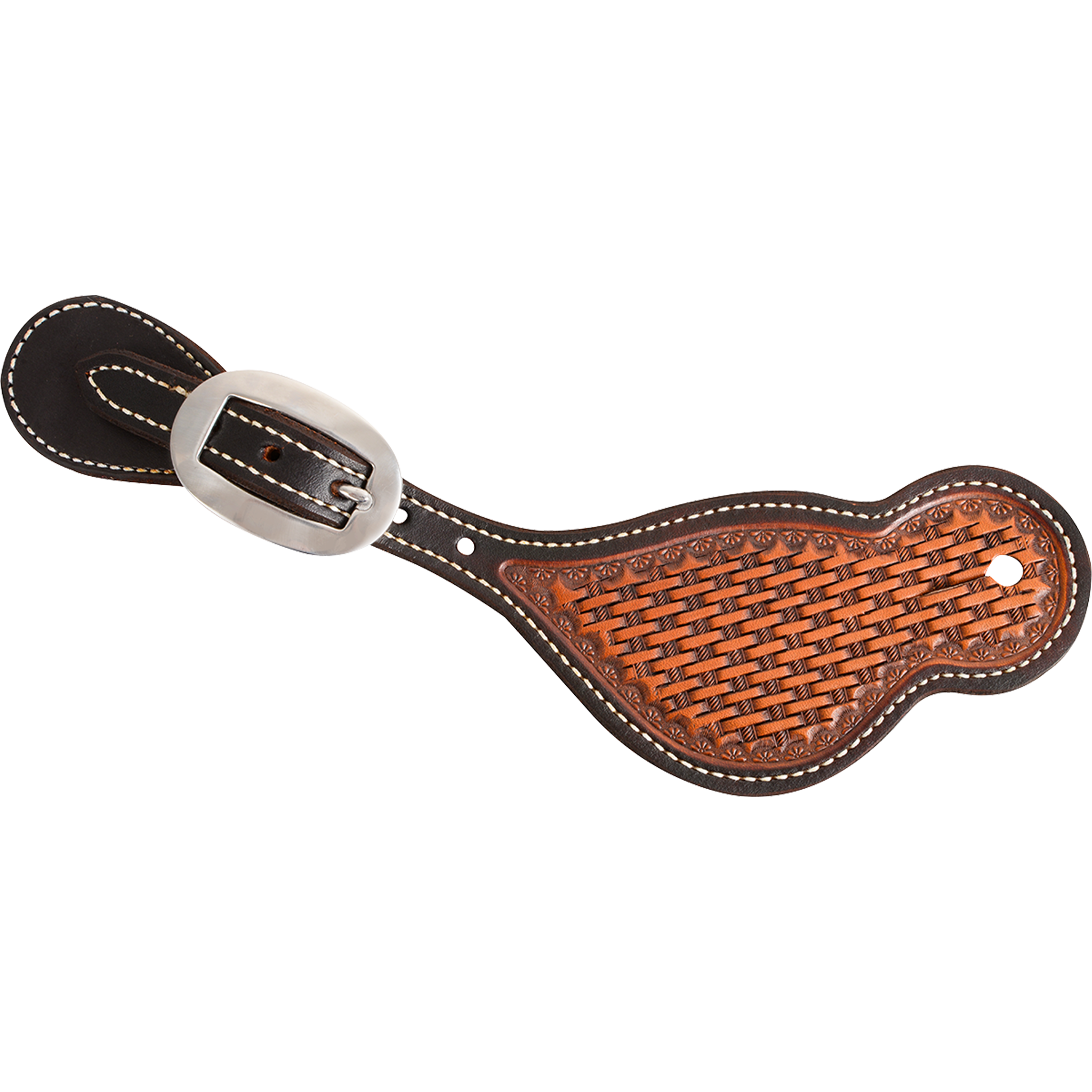 Tombstone spur strap with dyed edges and basket tooling, seen from above. Dark dyed edges and white stitching frame the natural basket stamped panel, with a cart buckle at the narrow end.