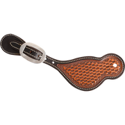 Tombstone spur strap with dyed edges and basket tooling, seen from above. Dark dyed edges and white stitching frame the natural basket stamped panel, with a cart buckle at the narrow end.