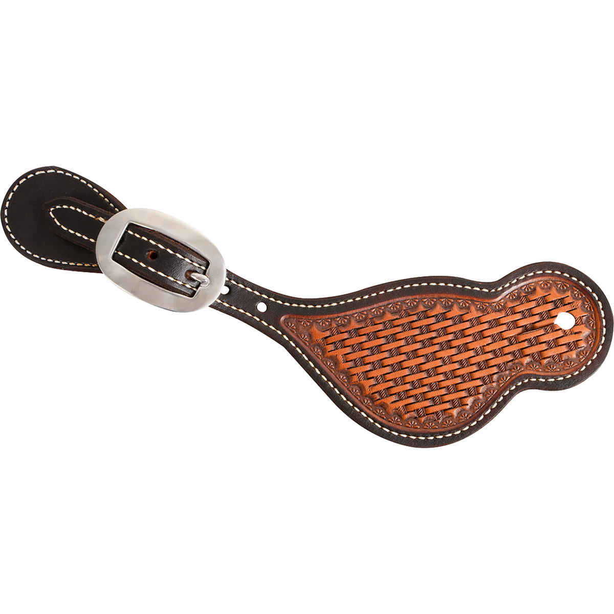 Tombstone spur strap with dyed edges and basket tooling, seen from above. Dark dyed edges and white stitching frame the natural basket stamped panel, with a cart buckle at the narrow end.