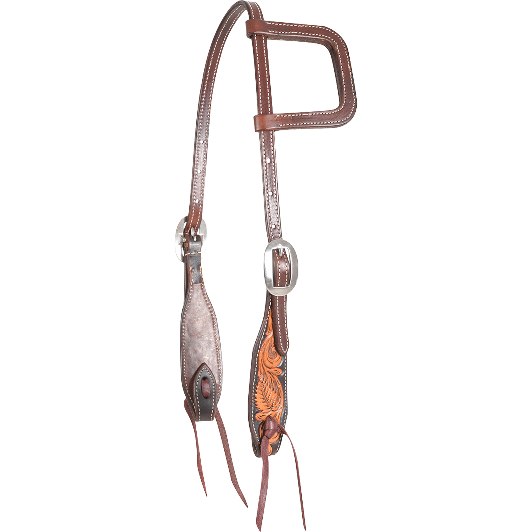 Dyed edge and tooled slip ear headstall, seen from the front quarter. Natural floral tooling fills the shaped cheek ends inside dark dyed edges, with a stitched ear loop, buckles and bit ties.