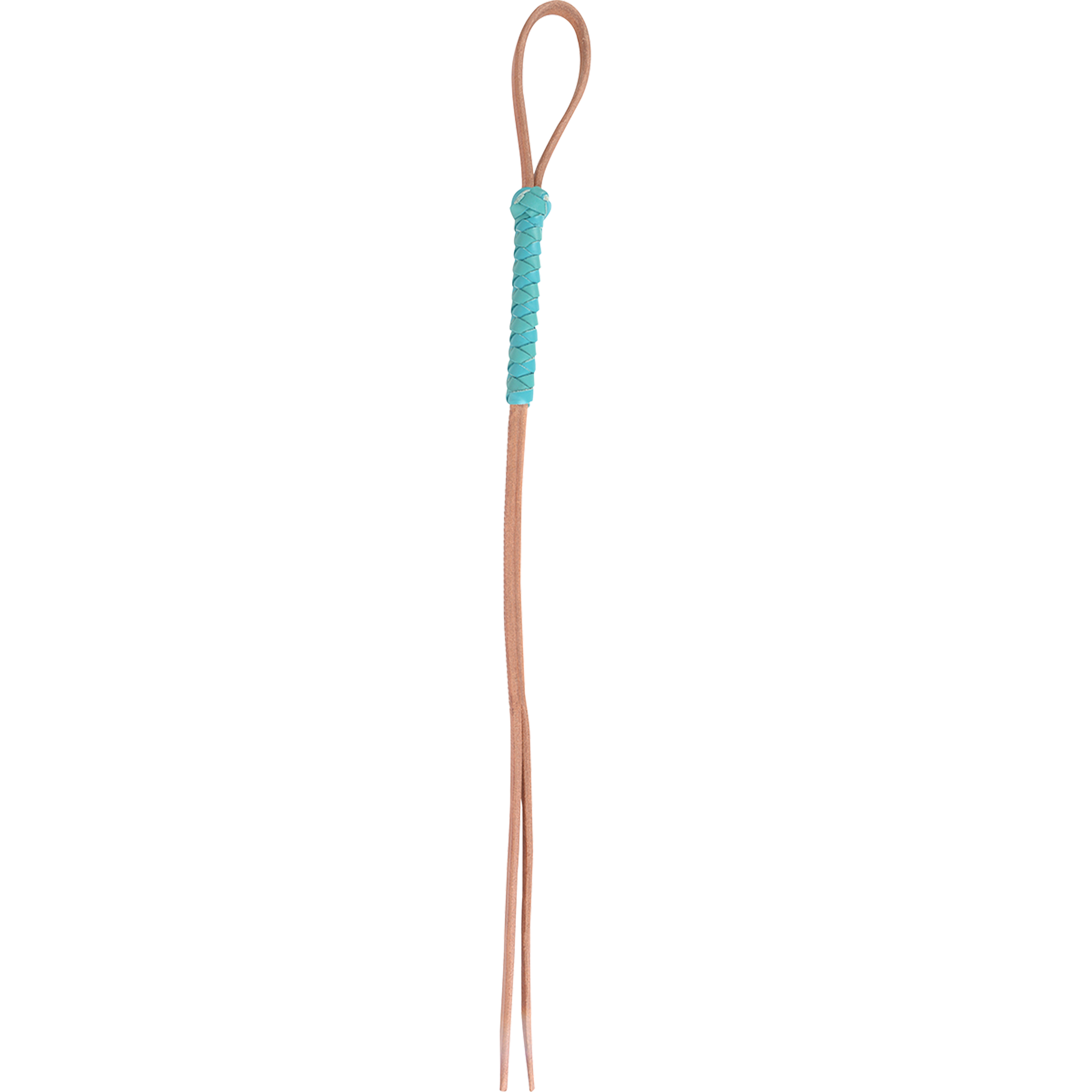 Harness leather lace quirt with a turquoise wrapped handle, seen from above. A leather wrist loop sits above the turquoise lacing, and long leather tails hang below.
