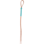 Harness leather lace quirt with a turquoise wrapped handle, seen from above. A leather wrist loop sits above the turquoise lacing, and long leather tails hang below.