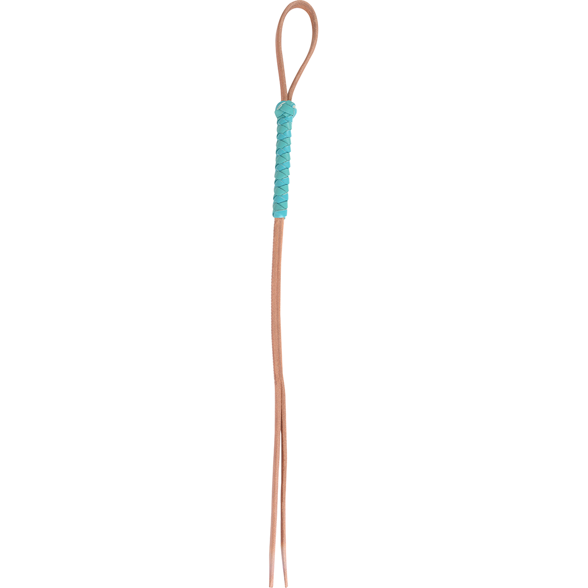 Harness leather lace quirt with a turquoise wrapped handle, seen from above. A leather wrist loop sits above the turquoise lacing, and long leather tails hang below.