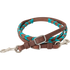 Turquoise laced barrel rein from Martin Saddlery, coiled in a tight loop. Turquoise latigo lacing wraps the harness leather grip, with buckles and keeper snaps at the ends.