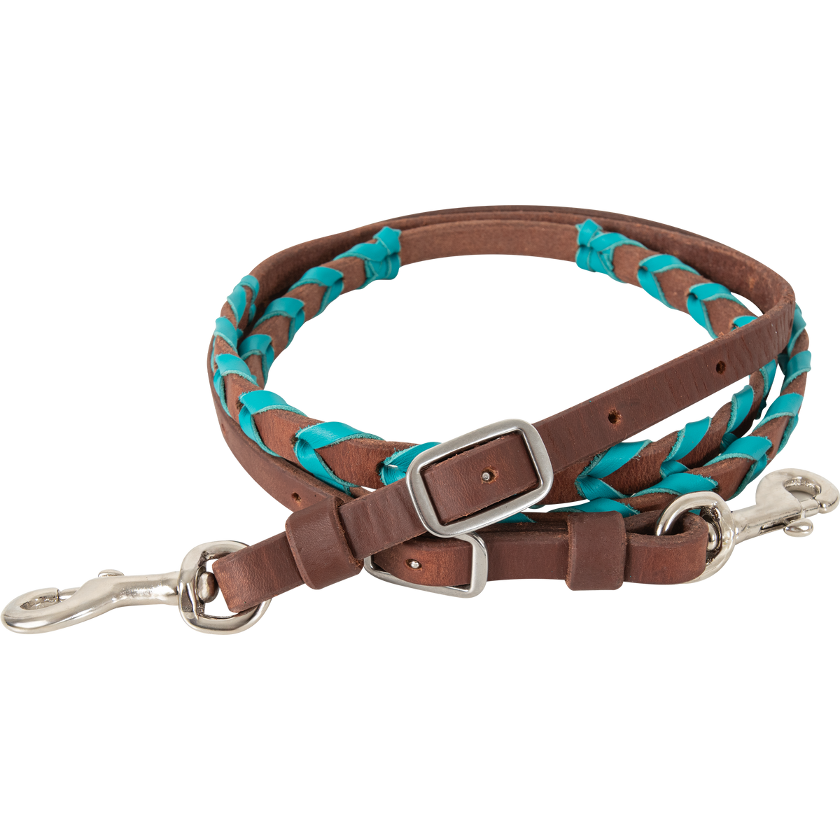 Turquoise laced barrel rein from Martin Saddlery, coiled in a tight loop. Turquoise latigo lacing wraps the harness leather grip, with buckles and keeper snaps at the ends.