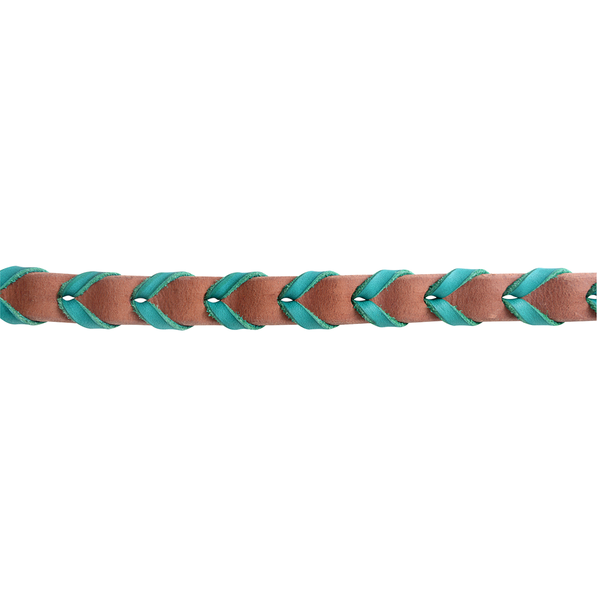 Harness leather rein seen up close with turquoise latigo lacing woven through it. The lacing runs the length of the grip on this Martin Saddlery laced barrel rein.