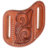 Vine tooled leather knife sheath, seen from the front. Tooling fills the center of the skirting leather between white stitched belt slots on an angled body.