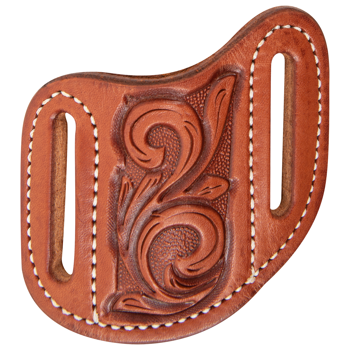 Vine tooled leather knife sheath, seen from the front. Tooling fills the center of the skirting leather between white stitched belt slots on an angled body.