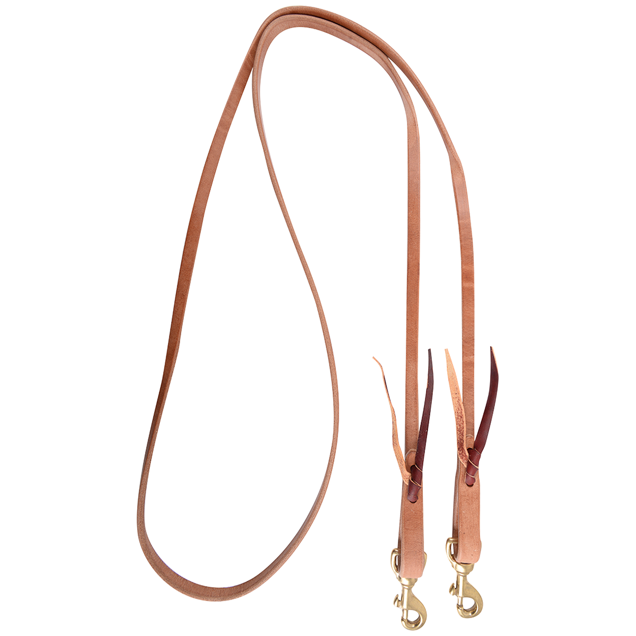 1/2-inch Walt Woodard roping rein, looped and seen from above. The harness leather rein has tied ends with leather ties and a snap at each end.