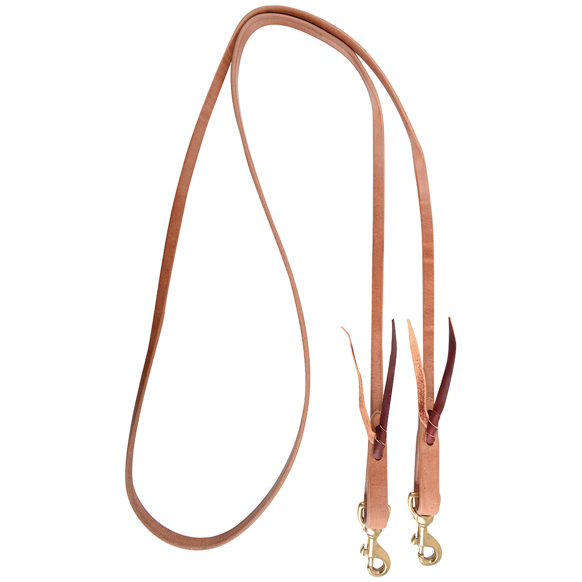 1/2-inch Walt Woodard roping rein, looped and seen from above. The harness leather rein has tied ends with leather ties and a snap at each end.