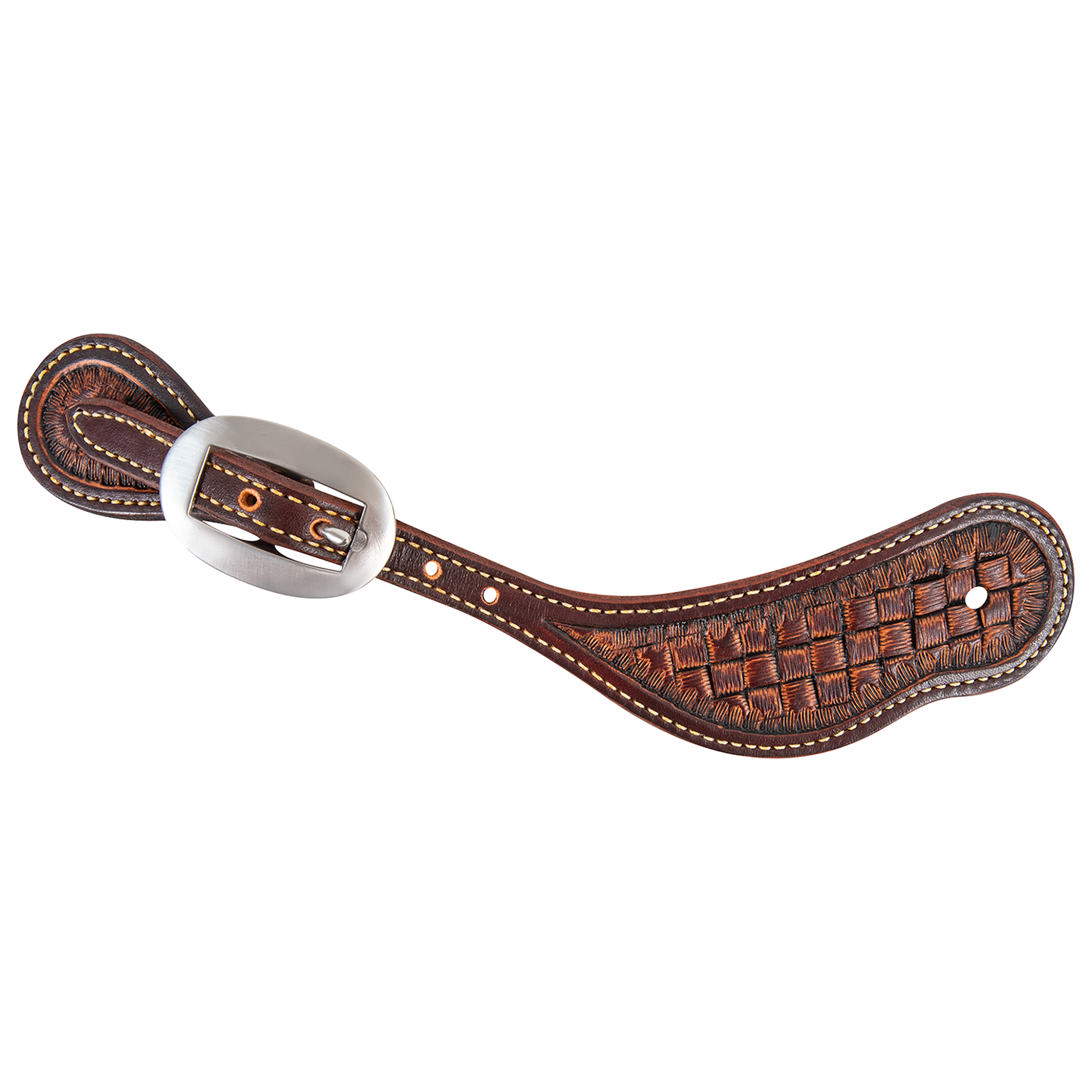 Weathered antique cowboy spur strap with weave tooling, seen from above. A weave stamp fills the medium brown strap inside white stitching, with a buckle near the narrow end.