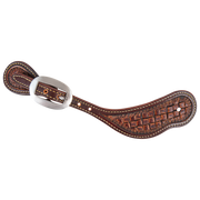 Weathered antique cowboy spur strap with weave tooling, seen from above. A weave stamp fills the medium brown strap inside white stitching, with a buckle near the narrow end.