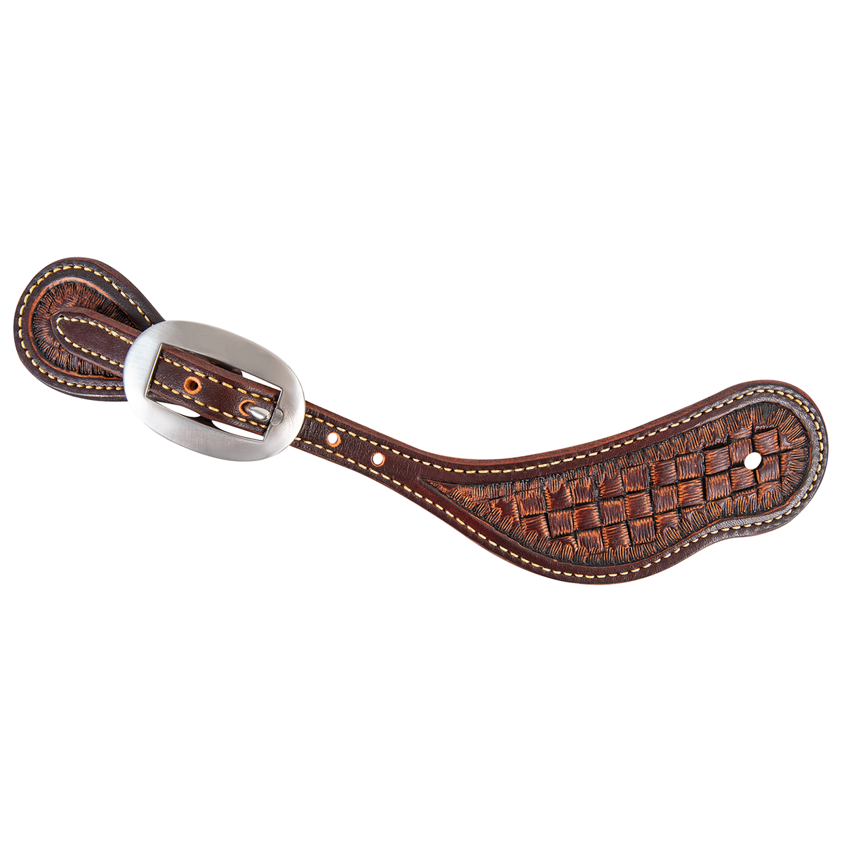 Weathered antique cowboy spur strap with weave tooling, seen from above. A weave stamp fills the medium brown strap inside white stitching, with a buckle near the narrow end.