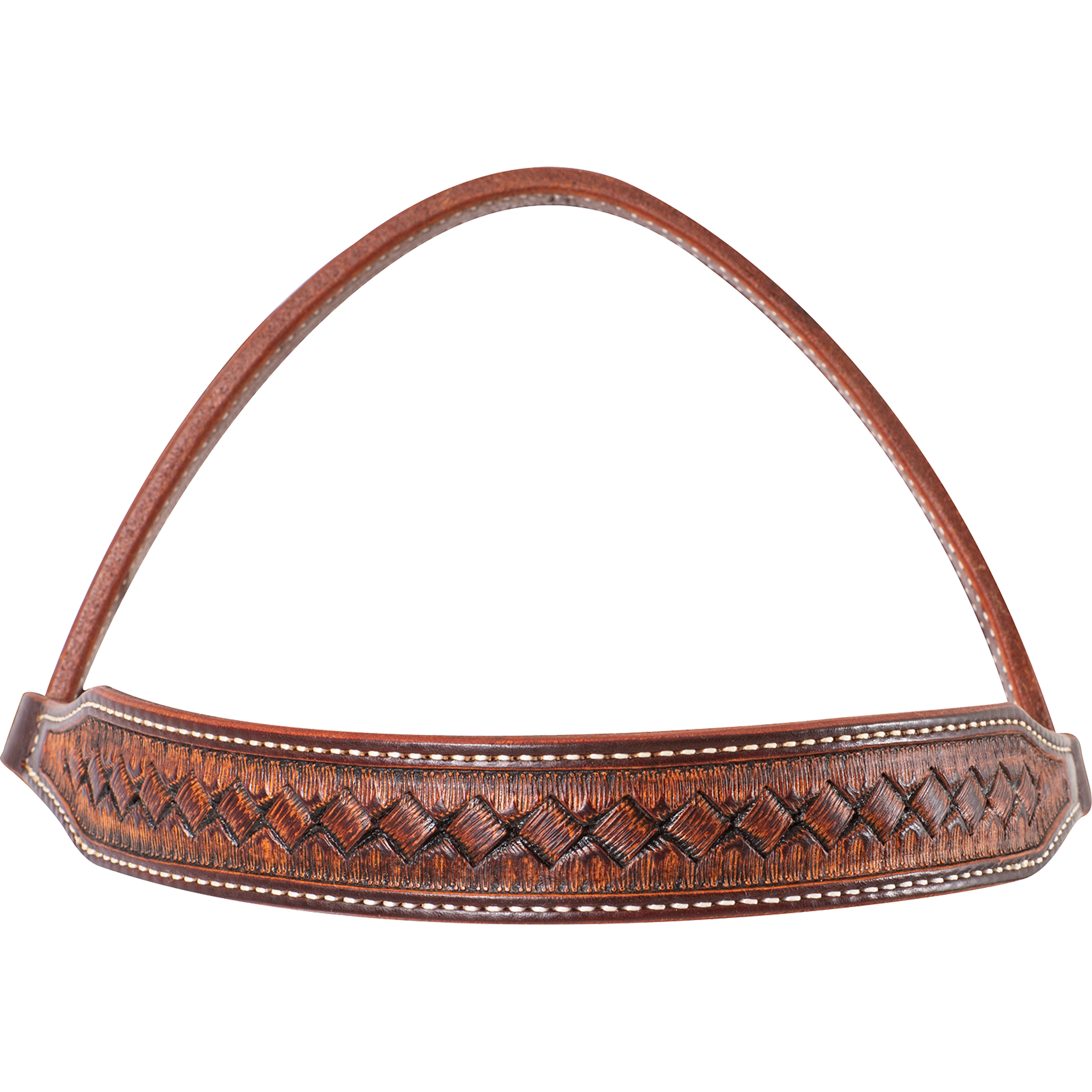 Weathered antique browband seen up close, with a weave stamp framed by white stitching. The crown strap of the western headstall arches above the browband.