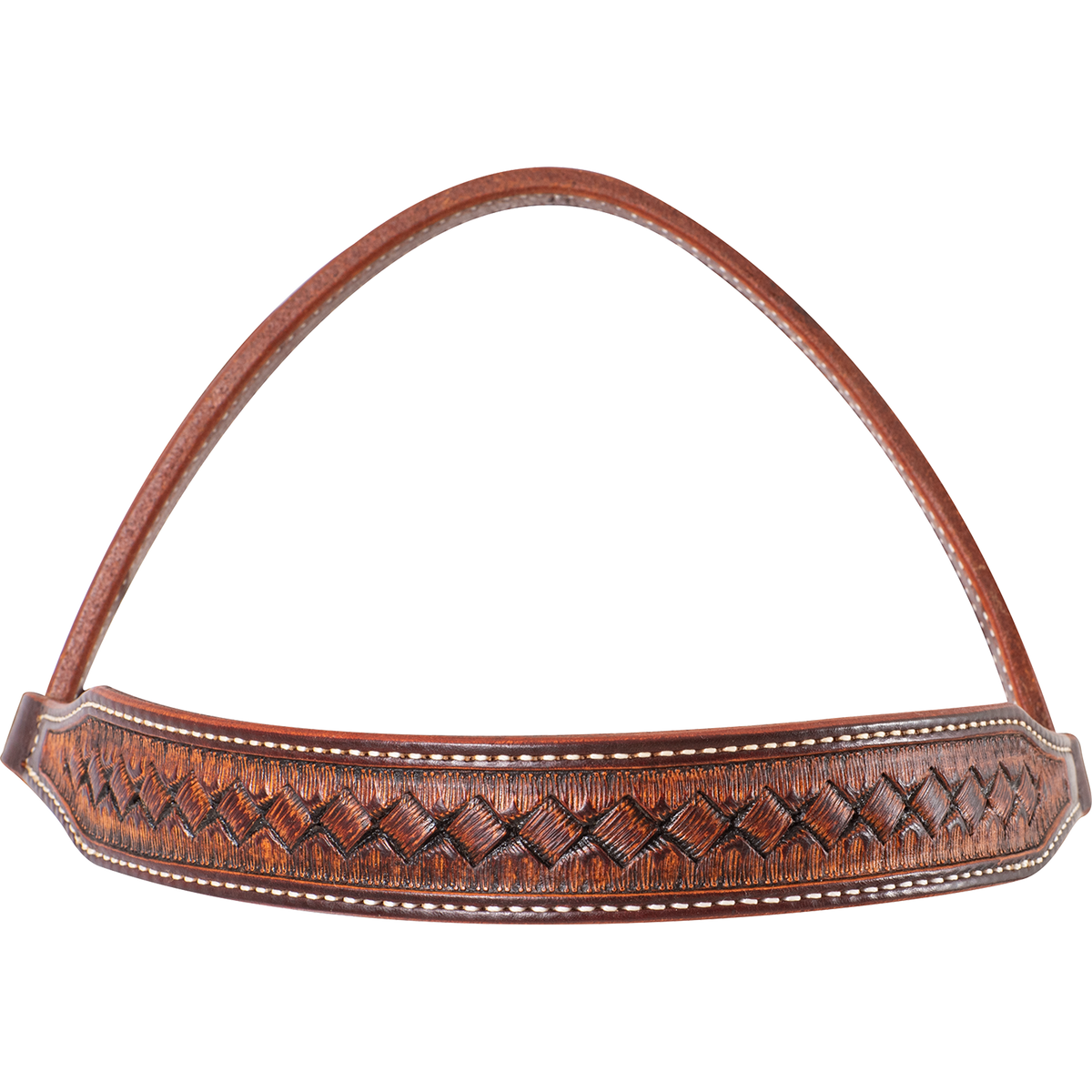 Weathered antique browband seen up close, with a weave stamp framed by white stitching. The crown strap of the western headstall arches above the browband.
