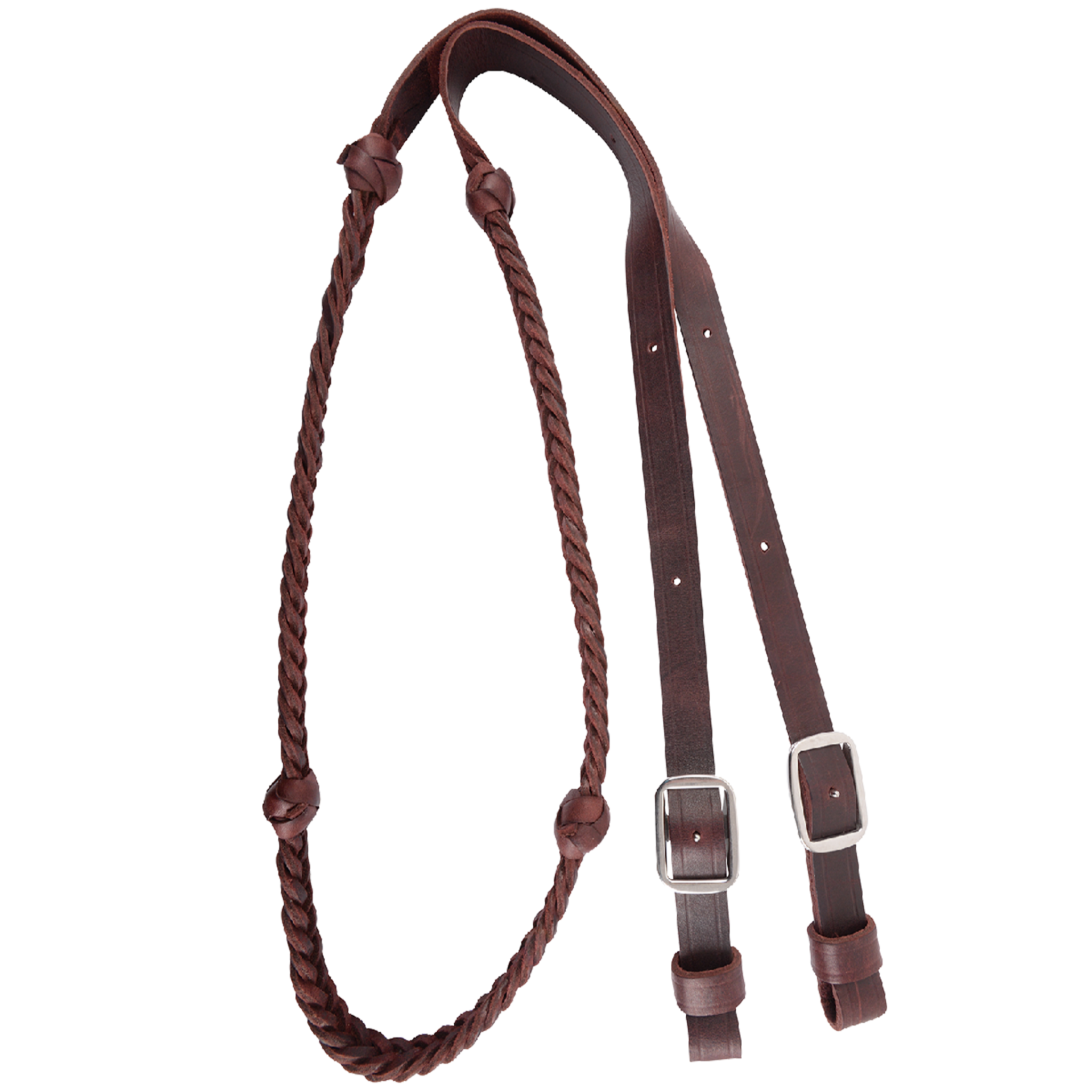 Braided barrel rein from Martin Saddlery, coiled and seen from above. The dark latigo leather braid has braided knots along both sides and flat ends with buckles for adjusting length.