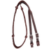 Braided barrel rein from Martin Saddlery, coiled and seen from above. The dark latigo leather braid has braided knots along both sides and flat ends with buckles for adjusting length.