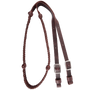 Braided barrel rein from Martin Saddlery, coiled and seen from above. The dark latigo leather braid has braided knots along both sides and flat ends with buckles for adjusting length.