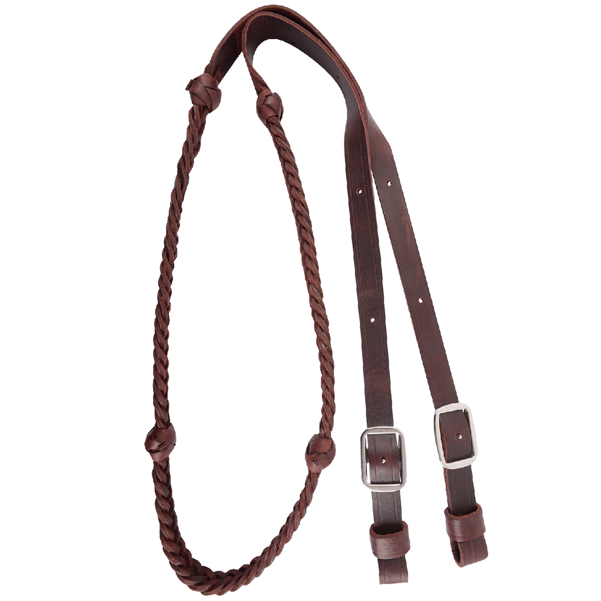 Braided barrel rein from Martin Saddlery, coiled and seen from above. The dark latigo leather braid has braided knots along both sides and flat ends with buckles for adjusting length.
