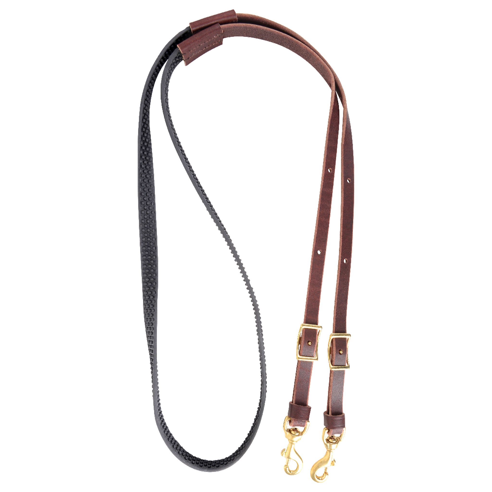 BioThane barrel rein from Martin Saddlery, coiled and seen from above. The black non-slip BioThane grip joins latigo leather ends with buckles for length adjustment and snaps.