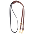 BioThane barrel rein from Martin Saddlery, coiled and seen from above. The black non-slip BioThane grip joins latigo leather ends with buckles for length adjustment and snaps.