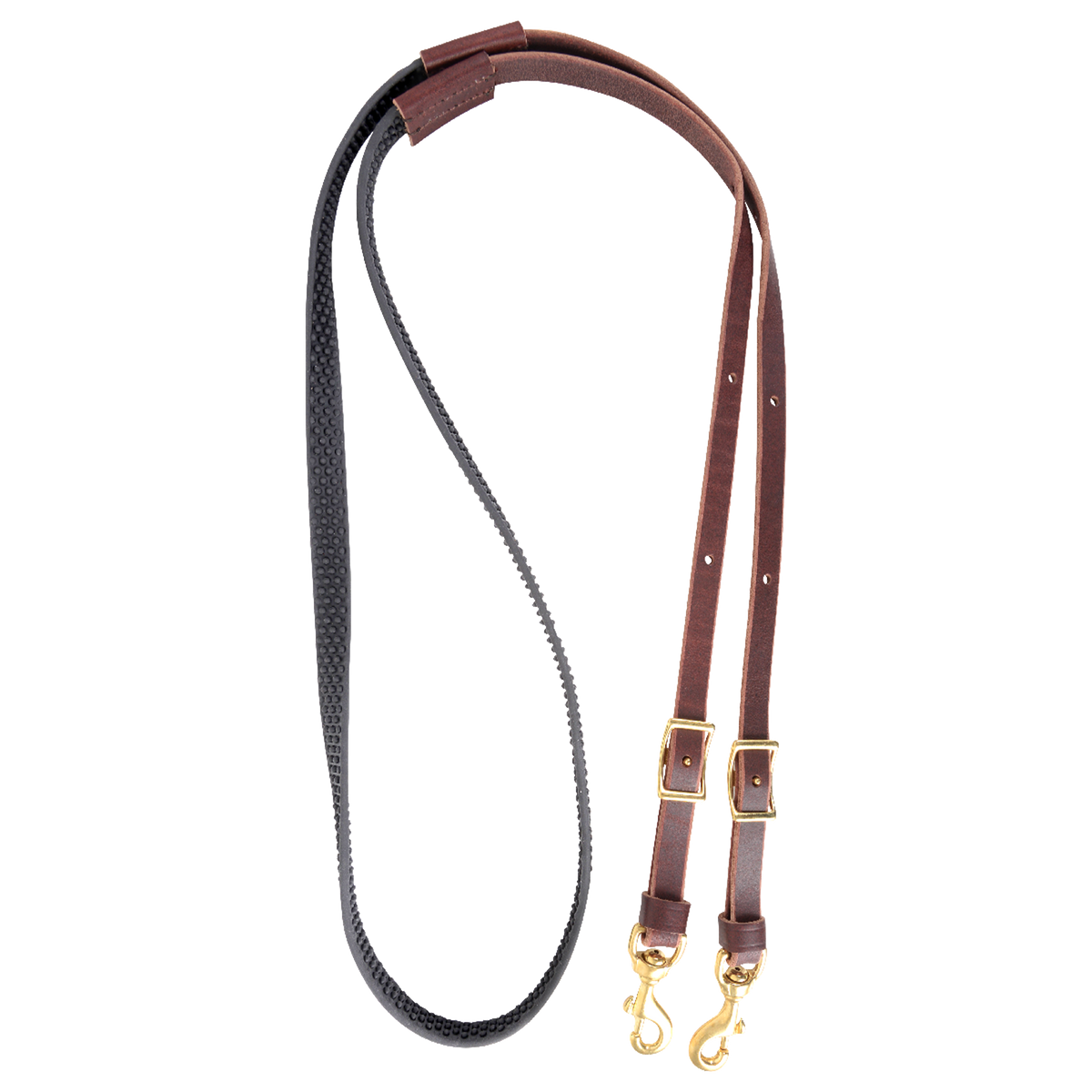 BioThane barrel rein from Martin Saddlery, coiled and seen from above. The black non-slip BioThane grip joins latigo leather ends with buckles for length adjustment and snaps.