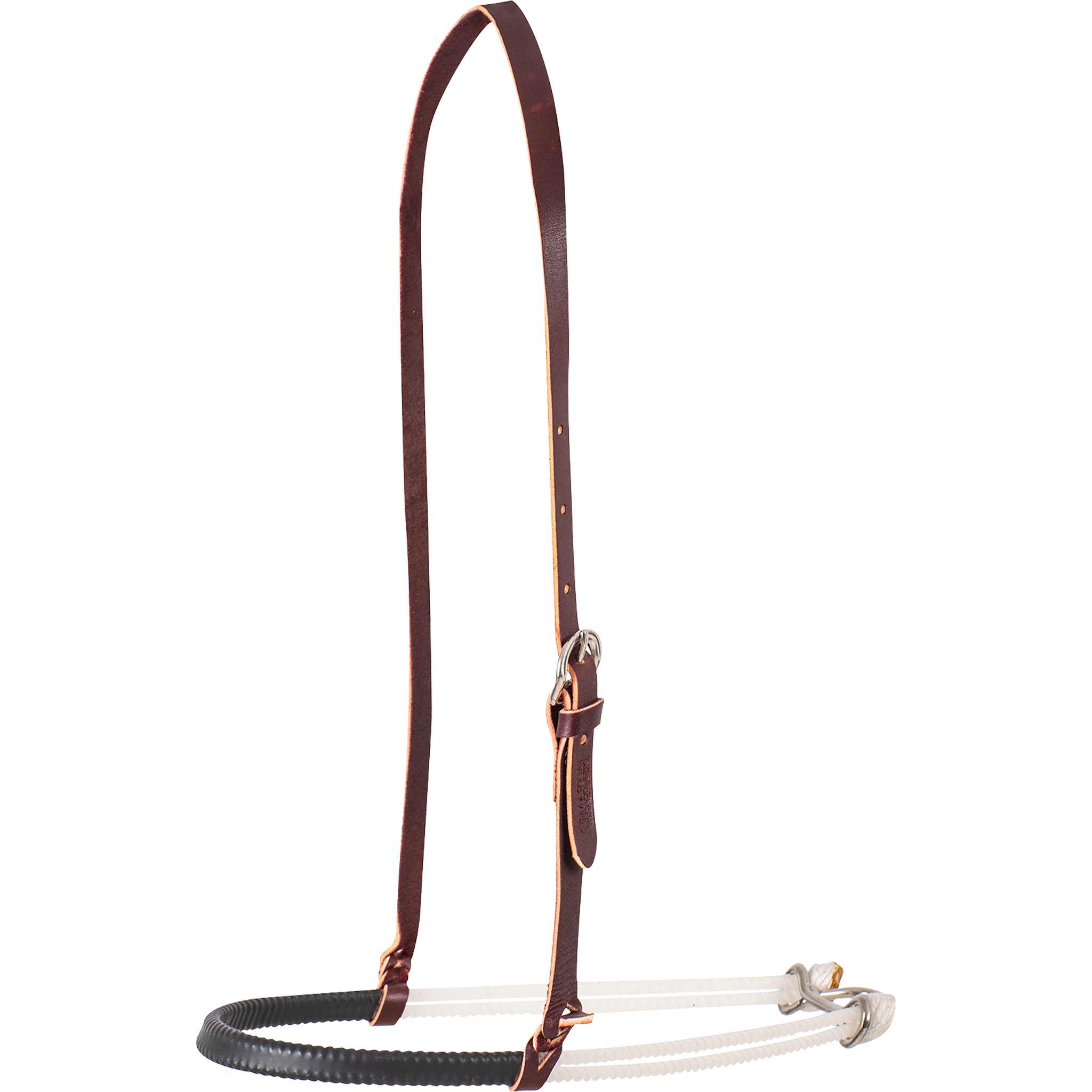 Double rope noseband with a black shrink wrap cover from Martin Saddlery, seen from the front quarter. The black cover wraps the front of the double 3/16-inch rope, hung from a leather strap with a buckle.