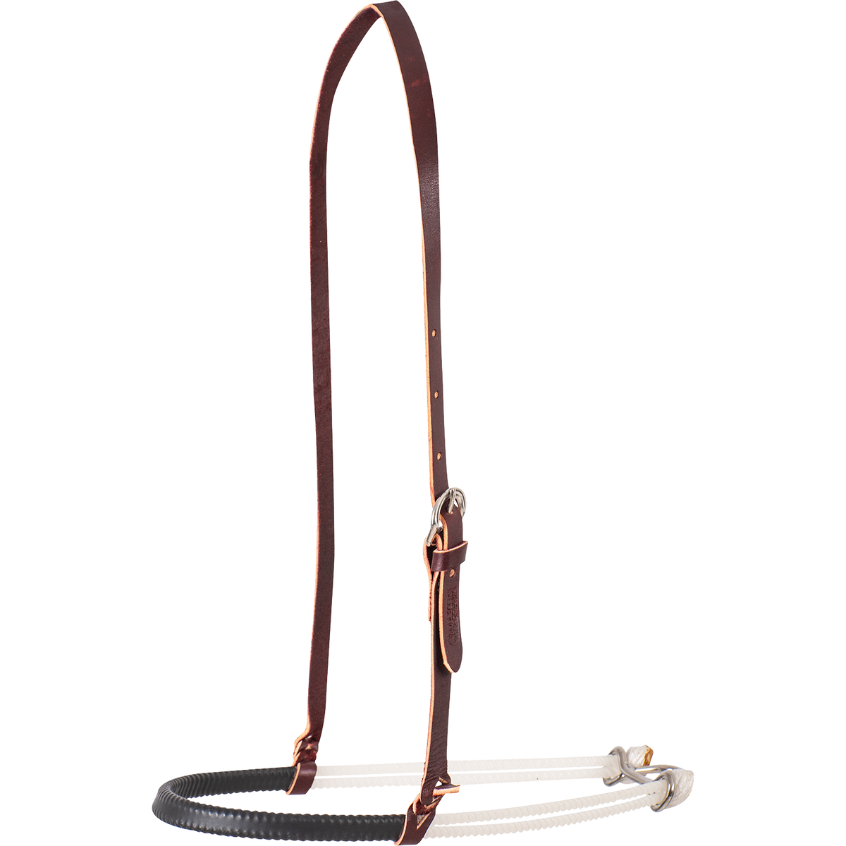 Double rope noseband with a black shrink wrap cover from Martin Saddlery, seen from the front quarter. The black cover wraps the front of the double 3/16-inch rope, hung from a leather strap with a buckle.