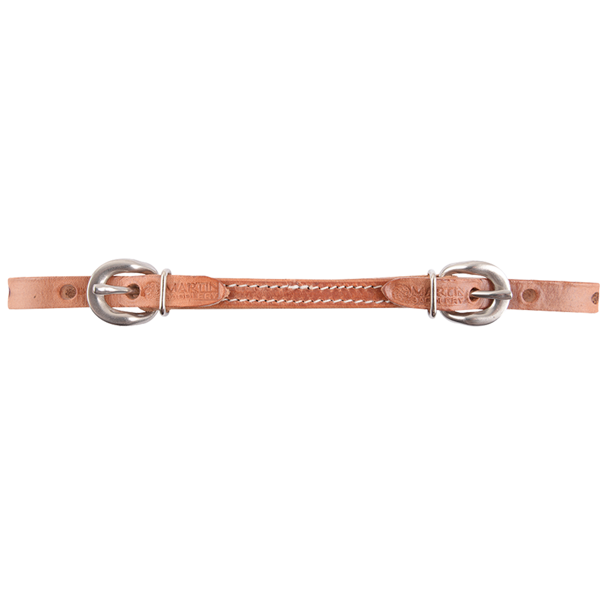 Harness leather curb strap from Martin Saddlery, laid out straight. The stitched strap has a stainless steel buckle at each end for easy length adjustment.