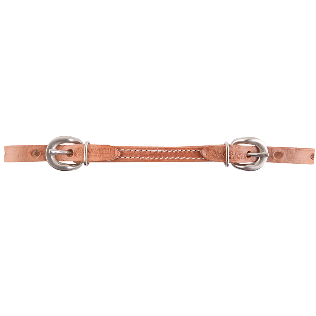Harness leather curb strap from Martin Saddlery, laid out straight. The stitched strap has a stainless steel buckle at each end for easy length adjustment.