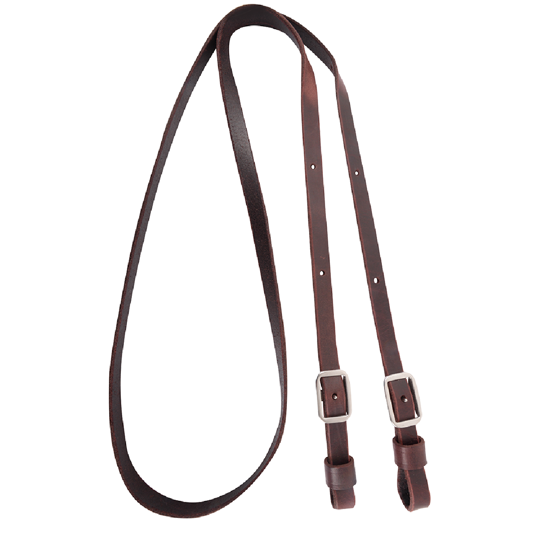 Latigo leather barrel rein from Martin Saddlery, coiled and seen from above. The smooth dark 3/4-inch rein has a clean design with buckle ends for adjusting length.