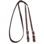 Latigo leather barrel rein from Martin Saddlery, coiled and seen from above. The smooth dark 3/4-inch rein has a clean design with buckle ends for adjusting length.