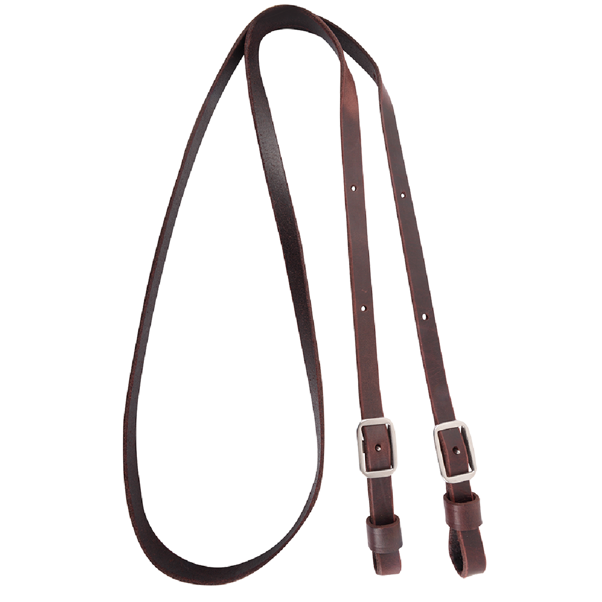 Latigo leather barrel rein from Martin Saddlery, coiled and seen from above. The smooth dark 3/4-inch rein has a clean design with buckle ends for adjusting length.