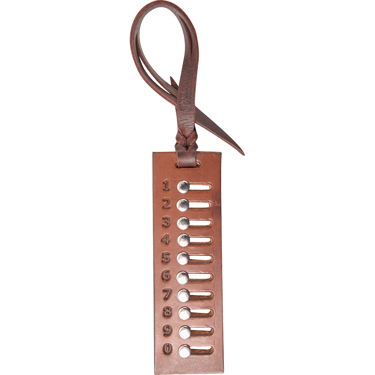 Leather cow counter from Martin Saddlery, seen from the front. Numbered slots with sliding metal rivets run down the leather, with a leather tie at the top for the saddle horn.