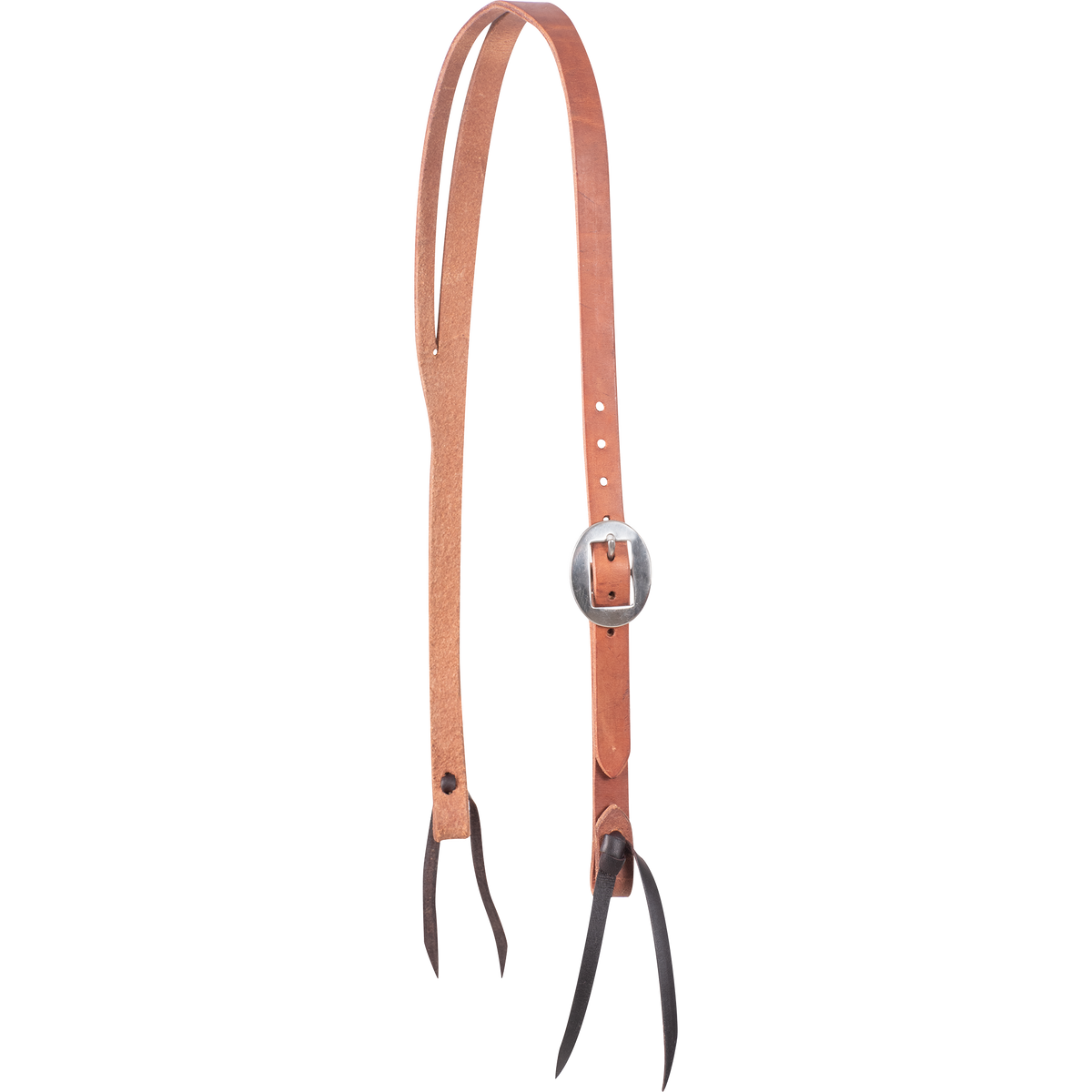Tapered harness leather split ear headstall from Martin Saddlery, seen from the front quarter. The wide crown narrows toward the cheeks, with a cart buckle for adjustment and dark bit ties.