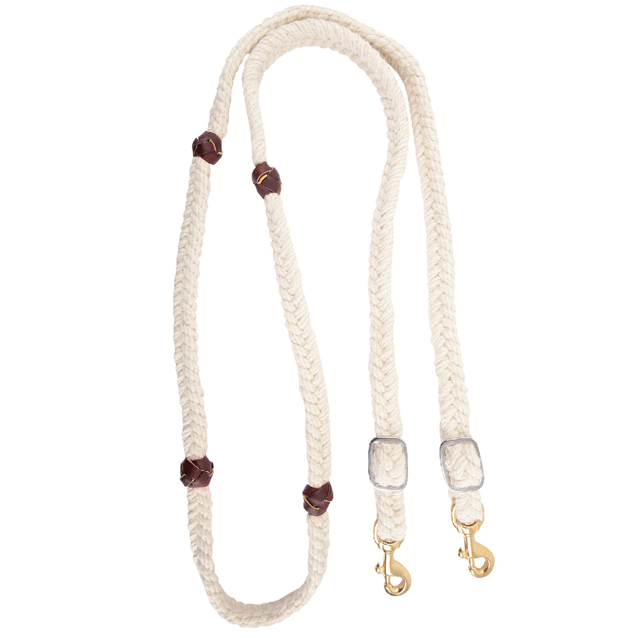 White blended mohair barrel rein, coiled and seen from above. The braided mohair rein has dark latigo leather knots along both sides and ends in buckles with snaps, made by Martin Saddlery for barrel racing.