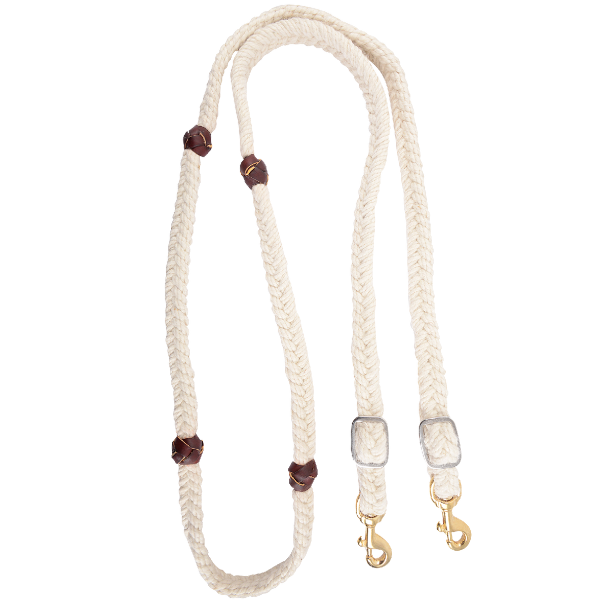 White blended mohair barrel rein, coiled and seen from above. The braided mohair rein has dark latigo leather knots along both sides and ends in buckles with snaps, made by Martin Saddlery for barrel racing.