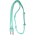 Mint braided barrel rein with knots, coiled and seen from above. The 1-inch braided nylon rein has knots placed along both sides for a consistent grip in barrel racing and ends in buckles with snaps.