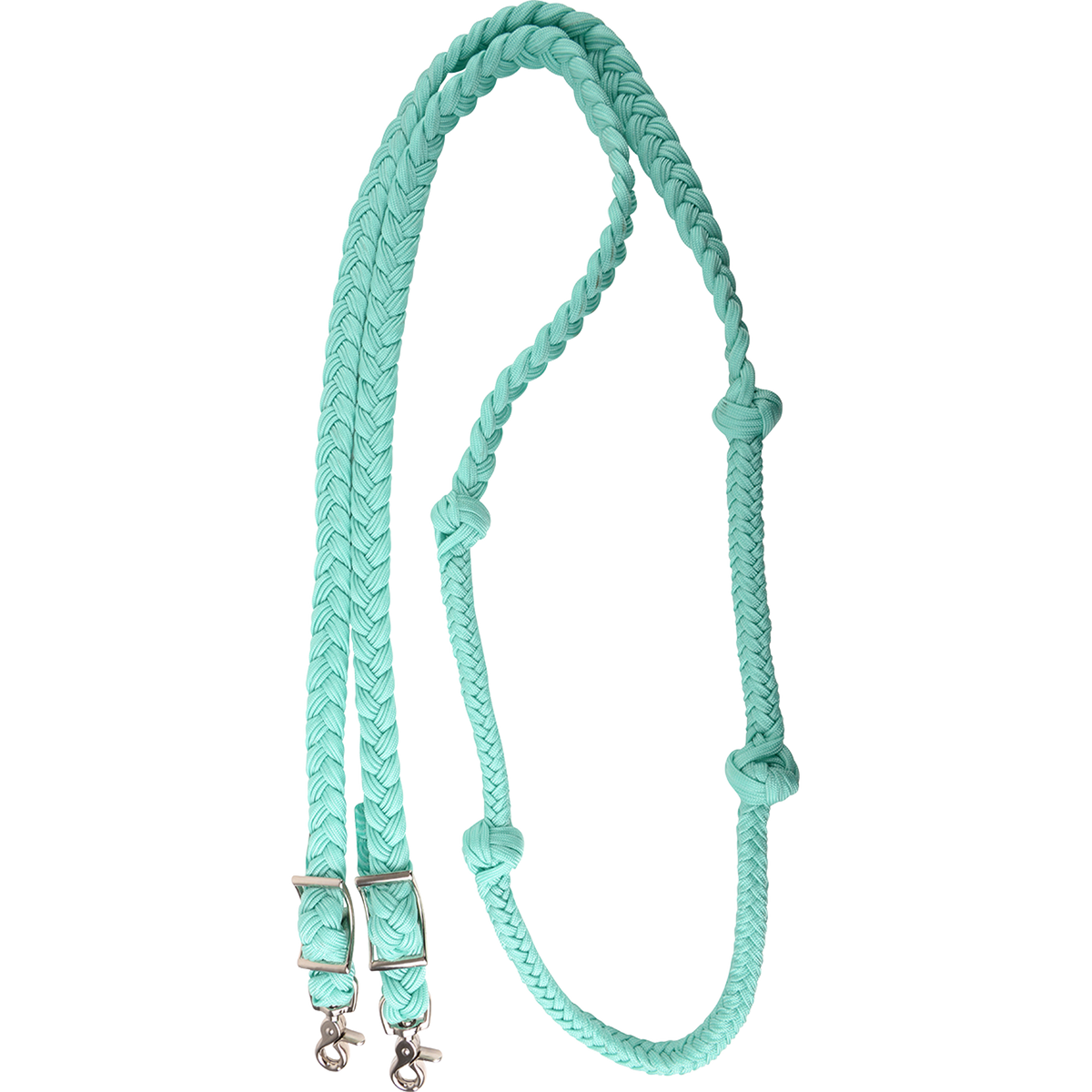 Mint braided barrel rein with knots, coiled and seen from above. The 1-inch braided nylon rein has knots placed along both sides for a consistent grip in barrel racing and ends in buckles with snaps.