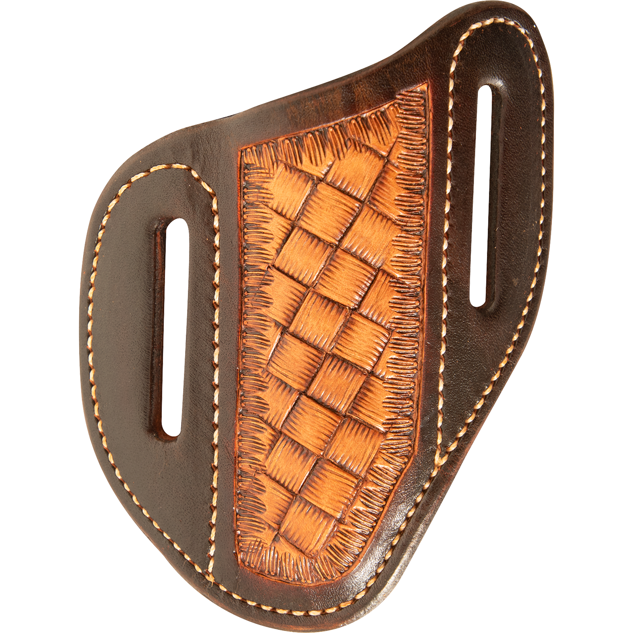 Angled knife scabbard with natural mini basketweave tooling, seen from the front. Chocolate leather with white stitching frames the tooled panel and carries a belt slot on each side.