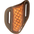 Angled knife scabbard with natural mini basketweave tooling, seen from the front. Chocolate leather with white stitching frames the tooled panel and carries a belt slot on each side.