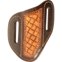 Angled knife scabbard with natural mini basketweave tooling, seen from the front. Chocolate leather with white stitching frames the tooled panel and carries a belt slot on each side.
