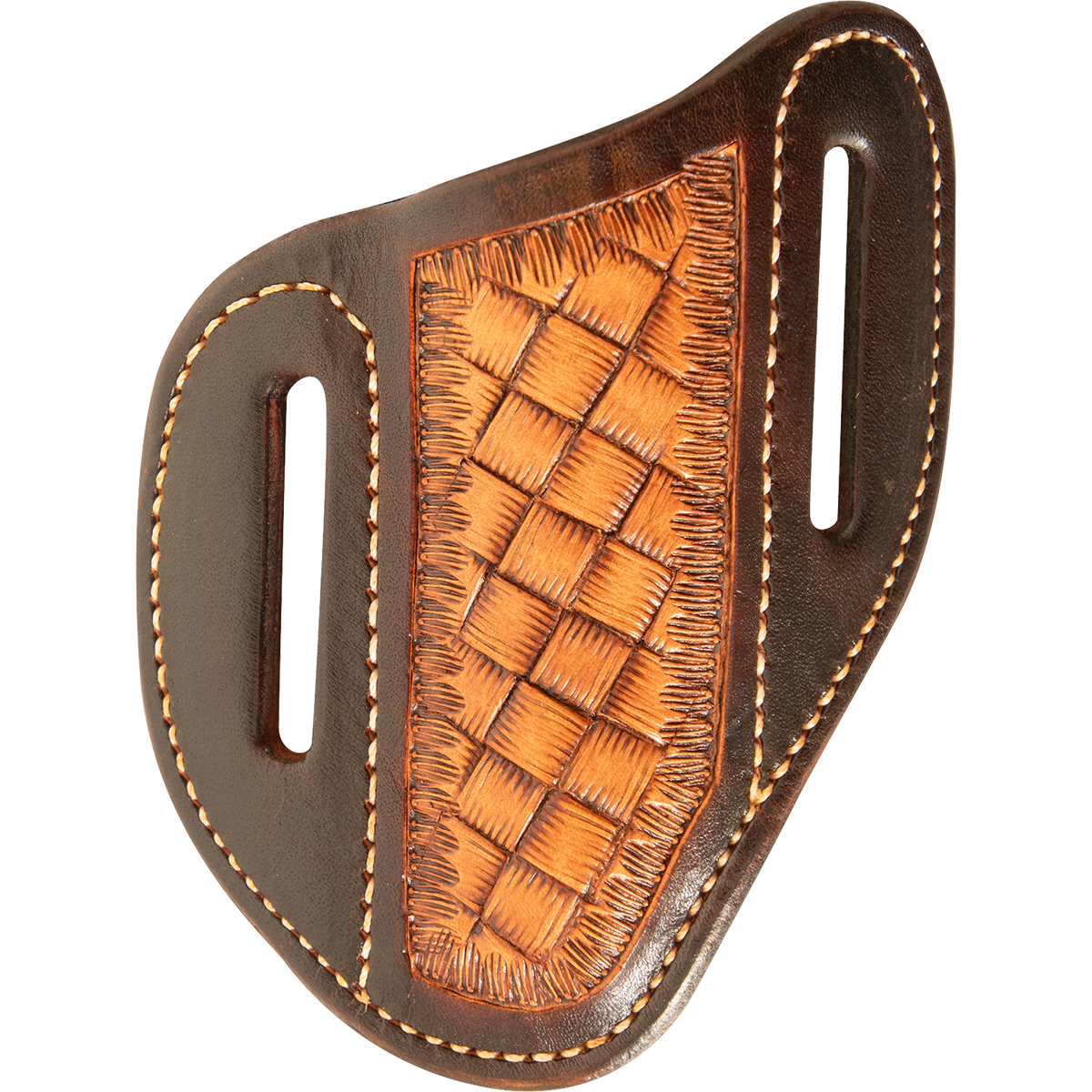 Angled knife scabbard with natural mini basketweave tooling, seen from the front. Chocolate leather with white stitching frames the tooled panel and carries a belt slot on each side.